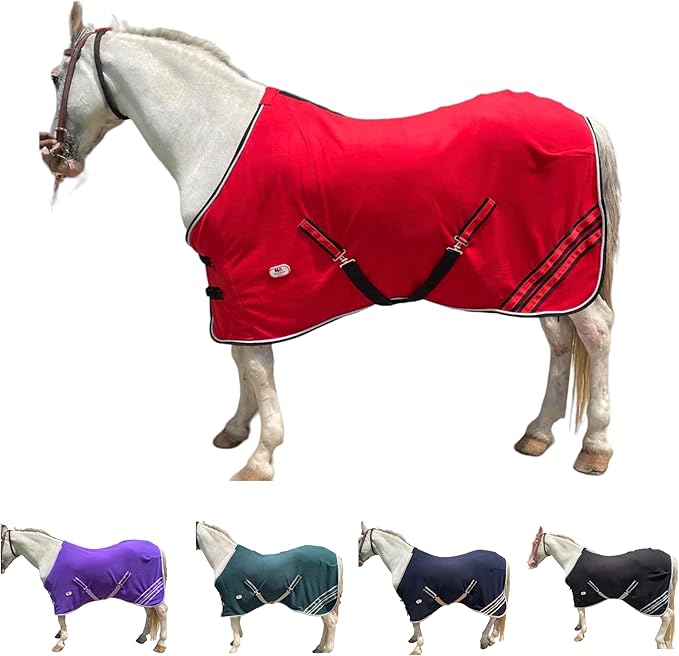 Majestic Ally Anti Pill Fleece Horse Blanket/Sheet with Silver Braided Rope (Red, 74)