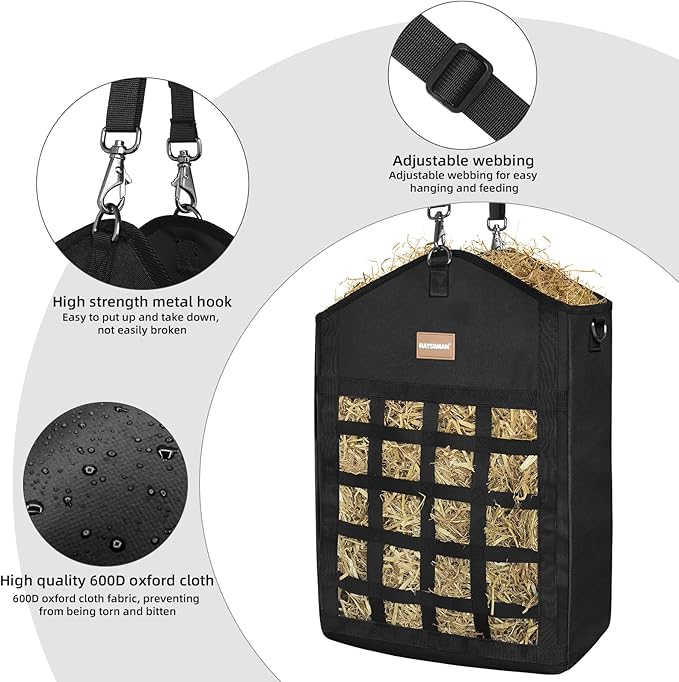 Innovative Hay Bags for Horses, Goat Hay Feeder with Reinforced Oxford Fabric and High Strength Metal Clasp,Horse Feeding Supplies with Adjustable Strap for Easy Hanging (Black-1pack)