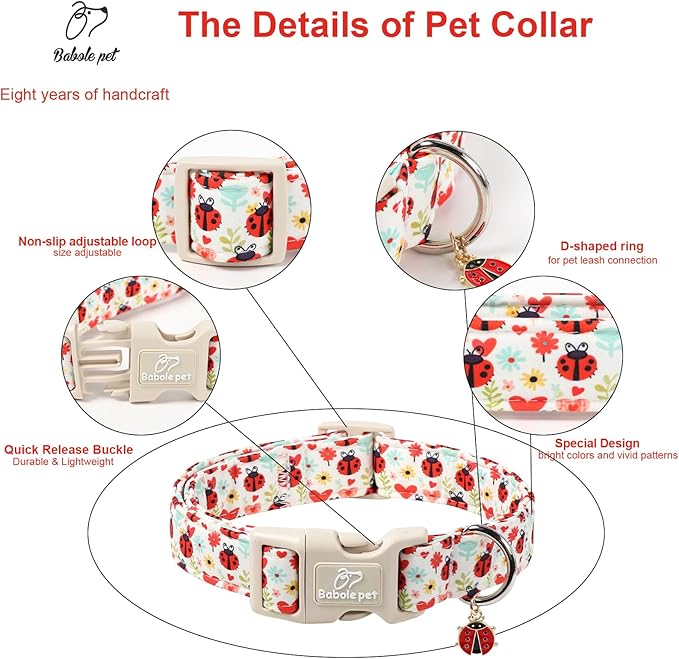 Ladybug Dog Collar for Large Dogs - Cute Spring/Summer Dog Collar, Lightweight Adjustable Cartoon Love Bug Garden Mom Dogs Collars with Quick Release Buckle L