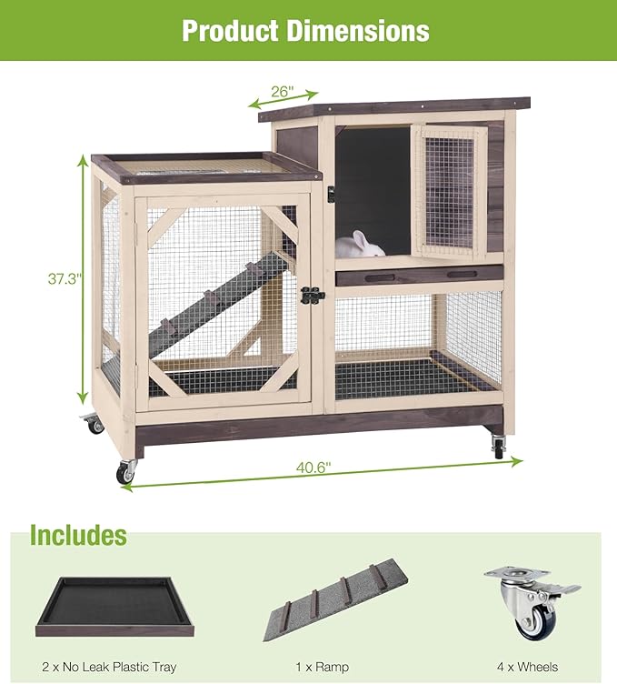 GUTINNEEN Rabbit Hutch Indoor and Outdoor, Rabbit Cage on Wheels with 2 Deep Pull Out Trays, Wooden Bunny Cage with Non-silp Ramp and Sliding Door, Mesh-Coffee Color