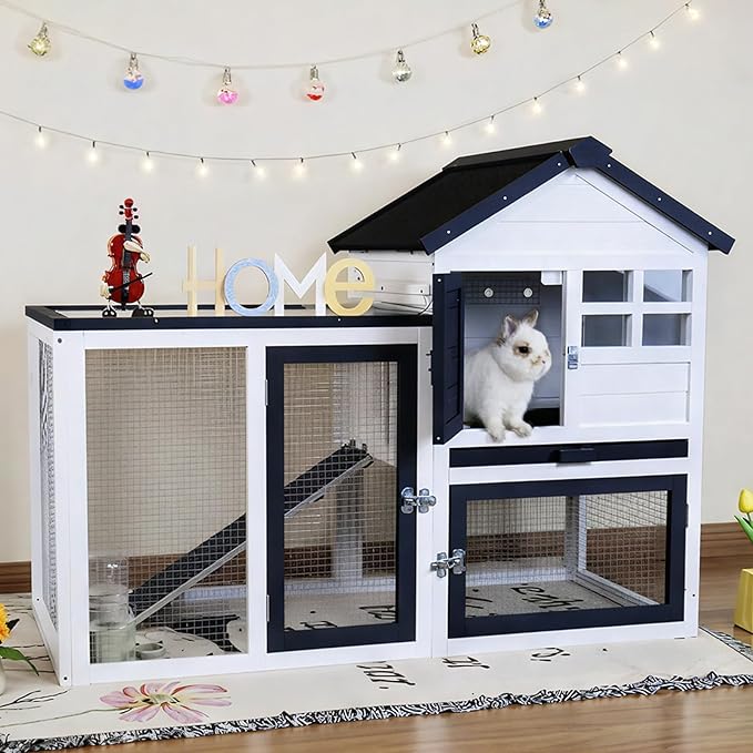 Rabbit Hutch Bunny Cage Indoor/Outdoor, Small Chicken Coop, with Metal Mesh Floor & Removable Tray, Secure Sliding Door, Chew-Resistant Rug Ramp