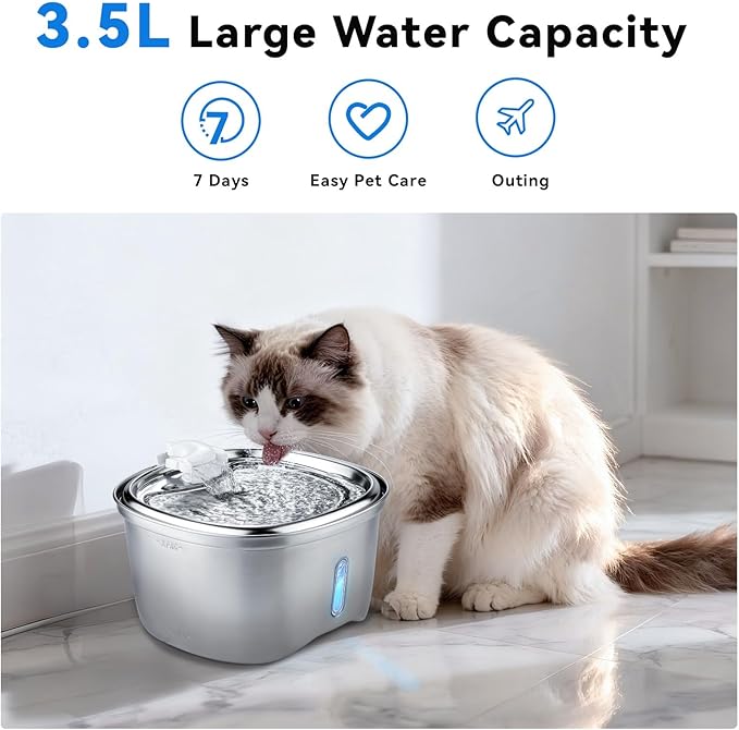 Cat Water Fountain, 120oz/3.5L Stainless Steel Pet Water Fountain, Automatic Silent Pump, Easy Clean Cat Water Bowl, with Replacement Filters & Silicone Mat for Cats, Dogs, Multiple Pets