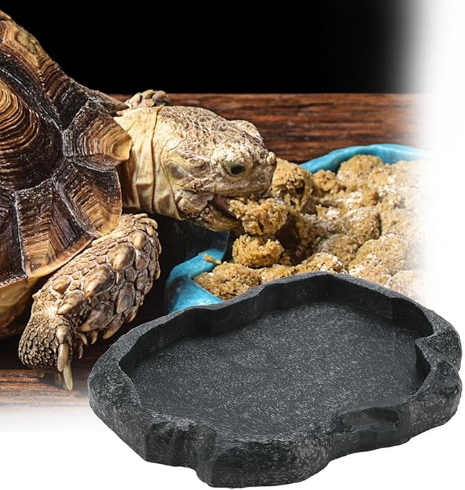 HEEPDD Reptile Bowl, Resin Rock Reptile Food and Water Feeder Pet Aquarium Ornament Terrarium Dish Plate for Tortoise Lizard (Dark Green M)
