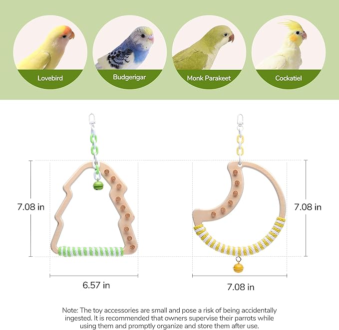 Natural Bird Swing - Tree-Shaped Parrot Perch with Bell and Cork Toys, Spinning Wooden Stand for Parakeets, Budgies, Lovebirds and Small/Medium Birds (White + Green)