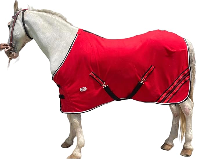 Majestic Ally Anti Pill Fleece Horse Blanket/Sheet with Silver Braided Rope (Red, 80)