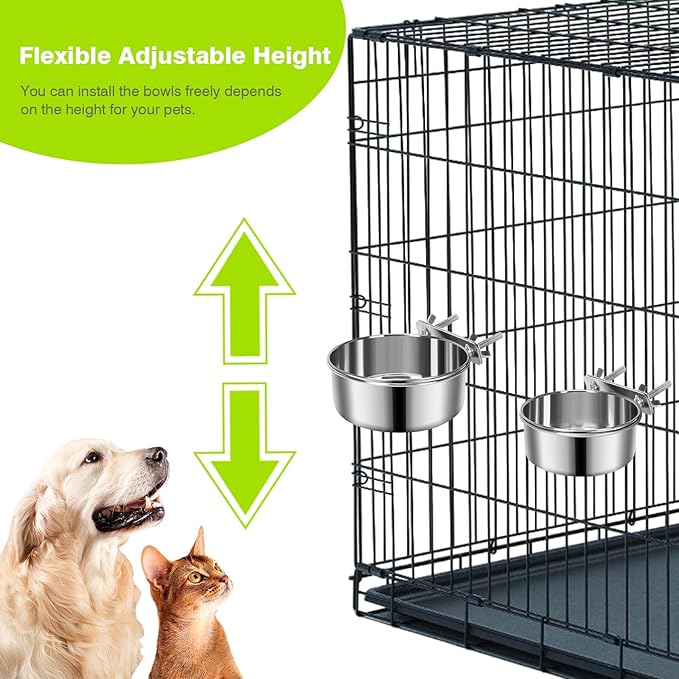 2 Pcs Small Pet Dog Food Water Bowl for Cage Stainless Steel Non-Spill Kennel Hanging Cats Pets Bowls with Clamp Holder Crate Feeder Dish for Small Dogs Pets (4.7x1.9'' & 3.9x1.7'')