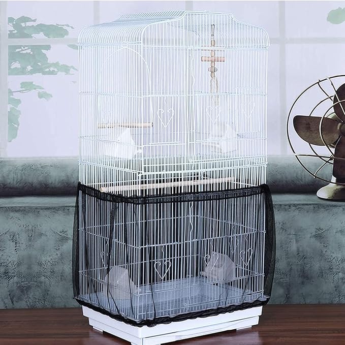 Bird Cage Seed Catcher, Large Airy Gauze Seeds Bird Cage Cover Guard Adjustable Bird Cage Cover Birdcage Seed Feather Catcher Universal Birdcage Parrot Bird Nylon Mesh Net Cover(L-118x16 in, Black)