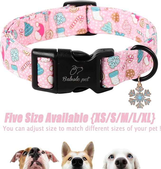 Christmas Dog Collar for Small Dogs - Cute Snowflake Print Pink Christmas Collars for Dogs, Soft Adjustable Winter Holiday Dog Collars with Quick Release Buckle S