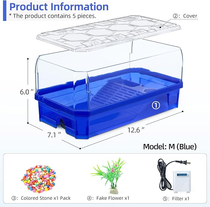Turtle cage Tortoise Terrarium with Pump＆Filter with Shower Function Easy to Change Water and Clean Water for Turtle Horned Frog Hermit Crab (Blue, Medium)