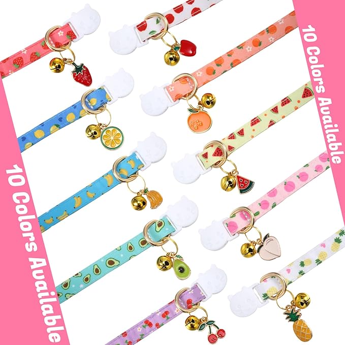 10 Pack Breakaway Cat Collars with Bells Fruit Pendants Adjustable Safety Kitten Collar Fruit Cat Collar with Bell Ideal for Girl Boy Cats