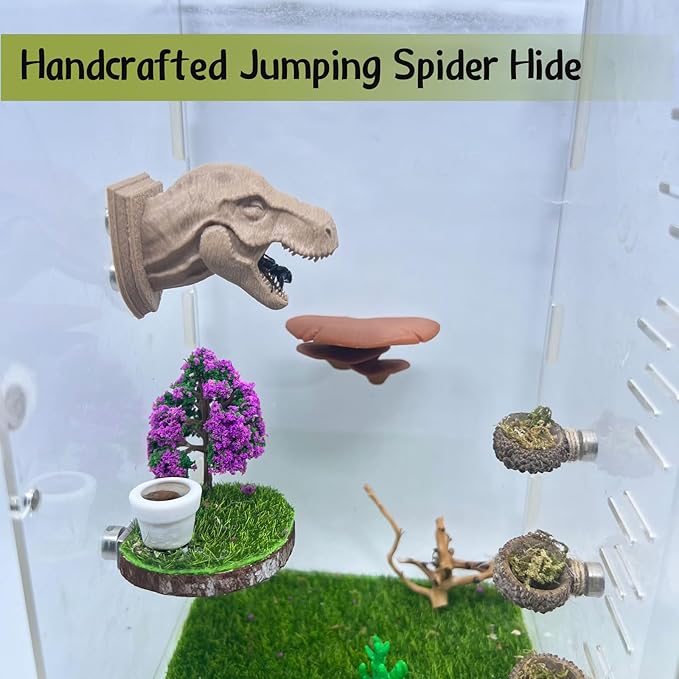 Jumping Spider Hide,3D Printed Dinosaur Head - A Fun Habitat for Jumping Spiders, Small Reptiles, and Small Pets, Suitable for Home Decor with Animal Enclosures (Wood Color)