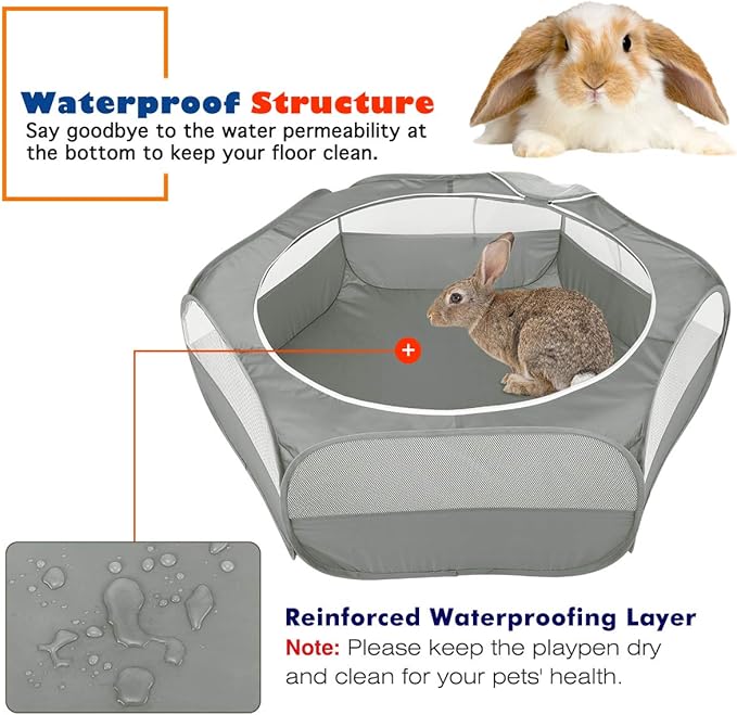 Small Animals Playpen, Waterproof Breathable Indoor Pet Cage Tent with Zipper Cover, Portable Outdoor Exercise Yard Fence for Kitten Hamster Bunny Squirrel Guinea Pig Hedgehog, Gray