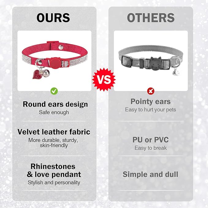 Rhinestone Cat Collar Breakaway with Bell, Diamond Cat Collar with Safety Buckle Quick Release for Girl Boy Small Kitten Pets Puppy,Cute Soft Female Male Cat Collars, Color Red 7-9"