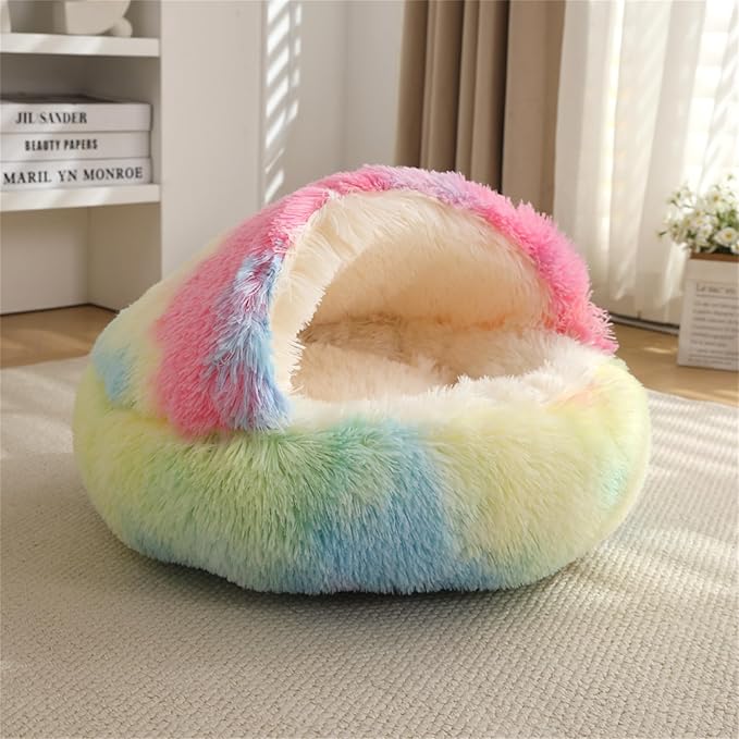 Nest Bed - Lapcatz Cat Beds for Indoor Cats, Fluffy Cat Bed Cave Plush Warm Nest for Cats (Rainbow,S 16"x16")