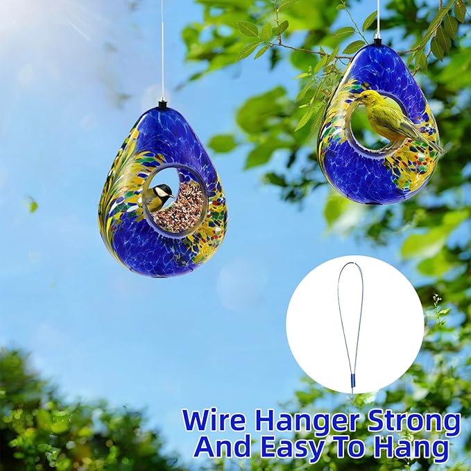 VOREEN Glass Bird Feeder, Fly Through Bird Feeders for Outdoor Hanging, Handmade Glass Wild Bird Feeder, for Garden, Yard, Backyard, Deck and Porch Decor, Gift for Mom Wife Friend, Blue Teardrop