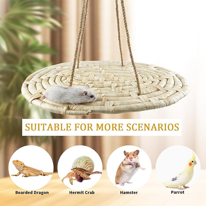 FlidRunest Bird Swing Hammock Bed, Natural Corn Woven Parrot Hammock Swing Mat, Hanging Bird Climbing Perch Mat, Relieve Boredom Chewing Toy for Birds Parakeets Lovebirds Cockatiels Conure, yellow