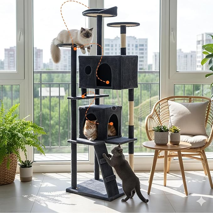 Large Cat Tree 70 Inch, Multi-Level Cat Tree Tower with Condo, Perches, Sisal Scratching Posts and Climbing Ladder, Pet Play House with Dangling Balls for Indoor Cats, Dark Grey