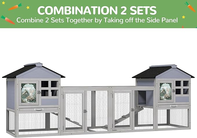 96.2" L Rabbit Hutch Indoor Outdoor Large Wooden Bunny Cage with Run, Removale Tray, Top-Opening Roof, 2 Doors, Painting Decor, 2 Packs