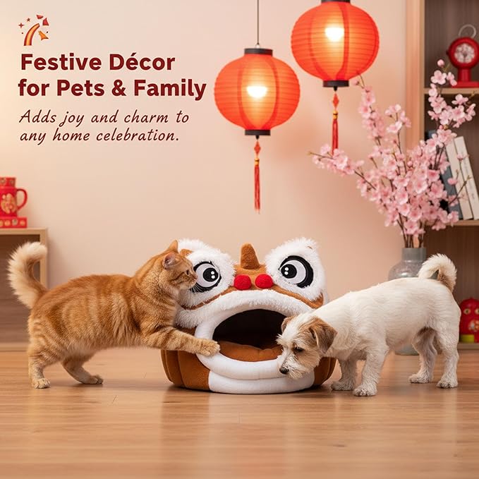 Cute Lion Head Pet Beds for Cats, Chinese Lion Dance Lion Cats Bed, Soft Cozy Plush Cat House & Dog Cave with Cushion for Small Medium Cats Dogs (Coffee,M)
