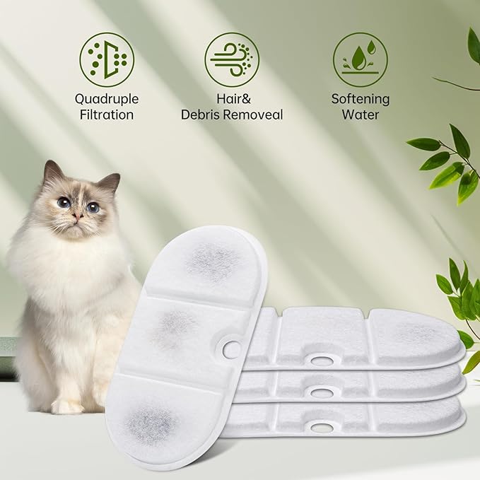 4 Packs Replacement Filters Compatible with Capsule Cat Water Fountain PLWF002, 4 Replacement Filters & 4 Pre-Filter Sponges for 71fl oz/2.1L Ultra Quiet Pet Water Fountain, Cat Water Fountain Filters