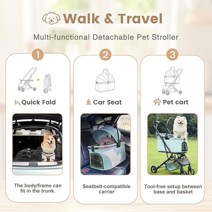 Wdyvko 3 in 1 Dog Stroller, Upgraded Frame, Up to 44lbs Pet Stroller with Dog Poop Bags & Dispenser, Zipperless Entry, Storage Basket & Pouch for Small Dogs Cats (Teal Blue)