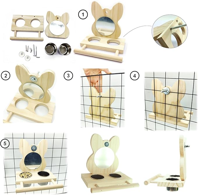 Bird Mirror Parrot Perch with Mirror and Stainless Steel Feeding Cups for Parakeets Cage Swing Wooden Mirror Fun Play Toy for Birds Lovebird Conures Cockatiels