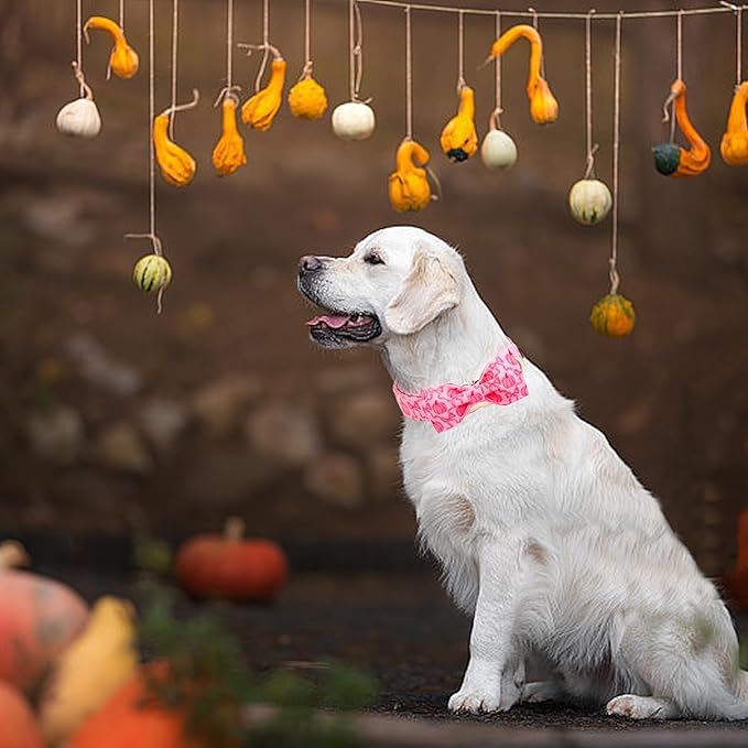 Dog Collar, Pink Pumpkin Print Adjustable Pet Collar Cute Cotton Soft Collars with Bow Tie Fall Metal Buckle Holiday Puppy Collars Boy&Girl Gift for X-Large Dogs