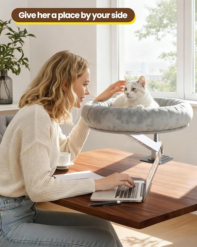 tomxcute Cat Bed for Desk, Adjustable Height Desk Perch with 360° Rotation, Space-Saving Perch for Your Furry Colleague, Removable Washable Office Cat Bed