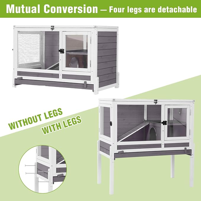 Indoor Rabbit Hutch Guinea Pig Cages 2-Story Wooden Small Animal Cage Bunny House with Chew-Proof Aluminum Alloy Frame, Pull-Out Tray, Leakproof PVC Layer, Detachable Legs (Grey)