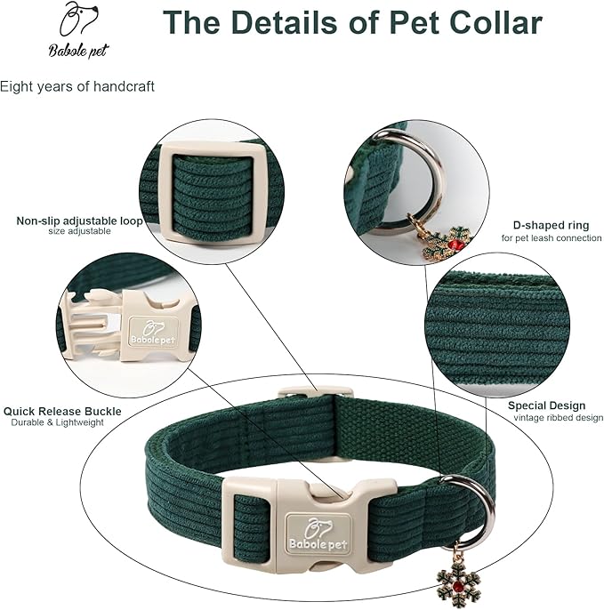 Cute Corduroy Dog Collar - Forest Green Adjustable Dog Collars for Medium Dogs 25-50lbs, Fade-Proof with Secure Snap & Little Charm, Christmas Birthday Gift, M