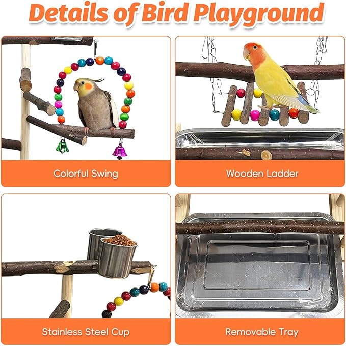 Kathson Wood Bird Playground Parrot Play Stand with Feeder Cups Parakeet Perch Stand with Ladder Hanging Swing Chewing Toys Conure Cage Accessories for Parakeet Conure Lovebird Cockatiel (Fruit Wood)