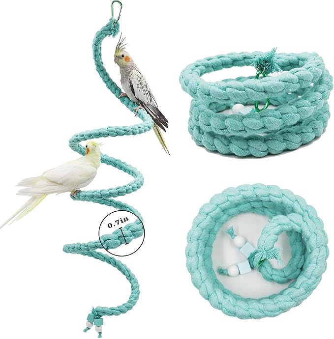Bird Cage Accessories: Hanging Spiral Bird Rope Perch with Metal Hook, for Budgie, Lovebird, Parakeet, Cockatiel, Conure, Quaker, Caique, Small to Medium Birds