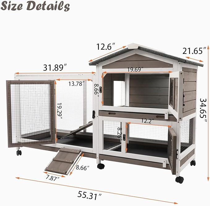 Rabbit Hutch Indoor Outdoor 2 Story Bunny Cage with 3 No Leak Trays,55.31" L Guinea Pig Cages Rabbit Cage with 6 Wheels for Guinea Pig,Rabbit for Rabbit Lover|Pet Lover(White/Grey)
