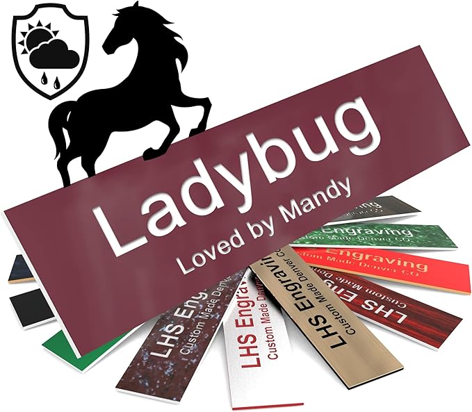 Horse Stall Name Plate, 2x8 Personalized Stall Signs, UV Protected, All Weather Adhesive, Hanging, Mounting or Other, Burgundy Plastic with White Letters - Made in USA - B26