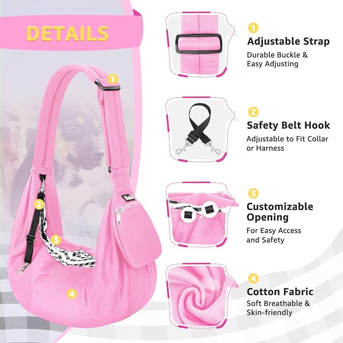 Lukovee Pet Sling, Hand Free Dog Sling Carrier Adjustable Padded Strap Tote Bag, Shoulder Bag with Safety Belt & Front Pocket for Small Dog Cat Puppy (Pink-WY,L)