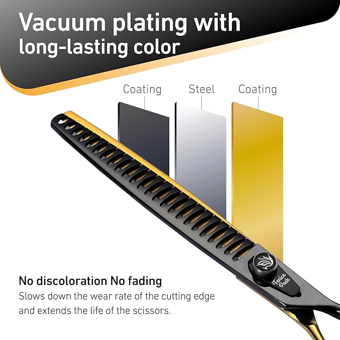 Fenice Peak 7'' Black Dog Grooming Scissors Goldern Chunker Dog Blending Scissors with Ergonomic Offest Handle and Pattern Screw Pet Grooming Thinner Blender Shears Durable and Sharp 440C