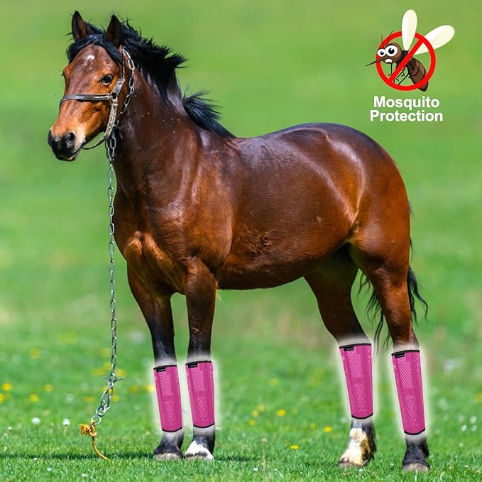 FOXLVDA Horse Fly Boots - Fly Boots for Horses Set of 4, Comfortable Horse Leggings, Mesh Material Design with Metal Support Bars for Reduces Stomping & Leg Fatigue (Pink, Large)