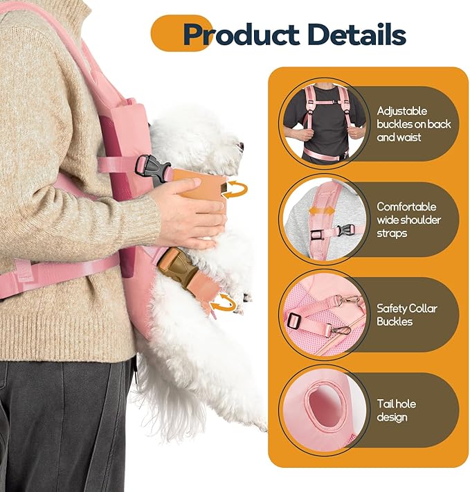 Dog Front Carrier Backpack, Legs Out Secure-Fit Pet Chest Carrier for Small Dogs (6-17 lbs), Adjustable Pet Carriers with Safety Belt, Hands Free Dog Backpack Carriers for Hiking Cycling (S, Pink)