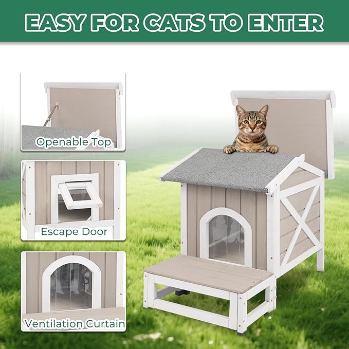 Small Outdoor Cat House Weatherproof, Wooden Cat House with Openable Roof, 2 Doors, Balcony, Outside Indoor Pet Feral Cats Houses Shelter with Elevated Feet for Small Animals, Grey