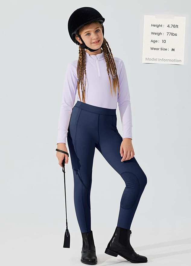 Willit Girls Horse Riding Pants Tights Kids Equestrian Breeches Knee-Patch Youth Schooling Tights Zipper Pockets