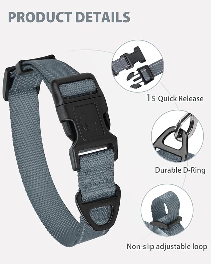 Joytale Large Dog Collar, Reflective and Adjustable Nylon Pet Collar with Quick-Release Buckle for Extra Large Dogs, Gray, XL