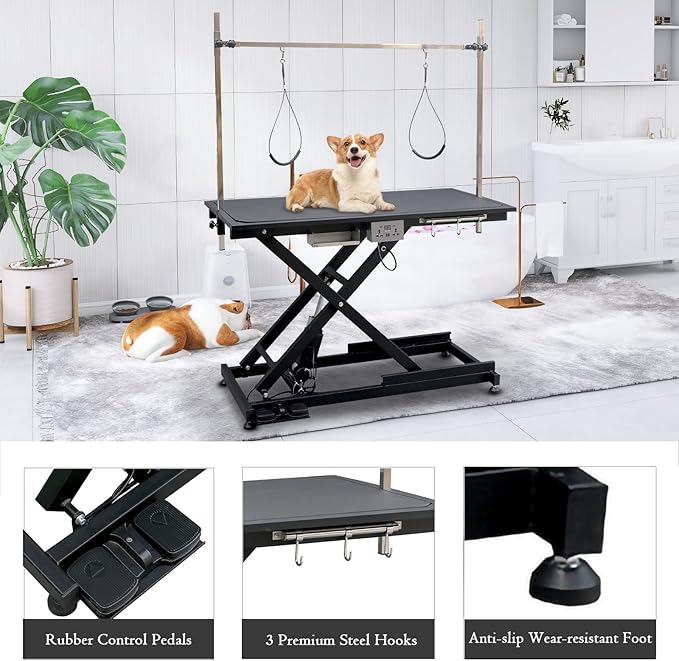 SoarFlash 49.6” Electric Lift Pet Dog Grooming Table,Heavy Duty Electric Grooming Table for Dogs&Cats,Heavy Duty Height Adjustable with Overhead Arm, Clamps, Two Grooming Noose