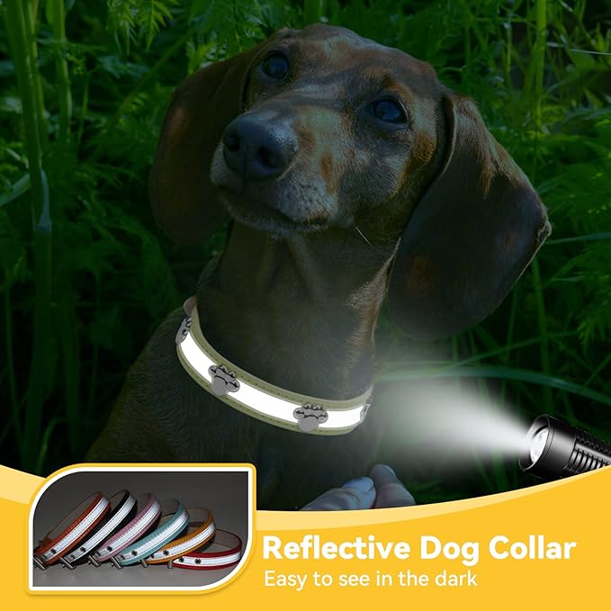 PETCARE Reflective Dog Collar with Cute Paw Rivet Studded Funny Soft PU Leather Adjustable Puppy Dog Collars for Small Medium Large Dogs Cats (Yellow,XX-Large)
