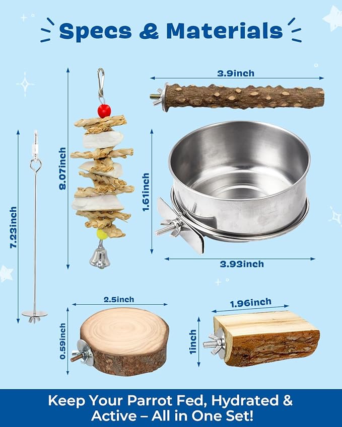 8 Pcs Parrot Toys Bird Toy Natural Wood Chew Toys with Rope Perch, Bell, Foraging Swing & Feeding Dish for Conure, Cockatiel, Budgie, Lovebird, Small Parrot Cage Accessories
