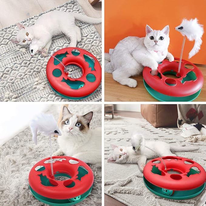 Pawzone Cat Toys, Cat Toys for Indoor Cats,Interactive Kitten Toys Roller Tracks with Catnip Spring Pet Toy with Exercise Balls Teaser Mouse (red)