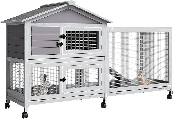 Rabbit Cage with Ramp & Waterproof Roof, Bunny Hutch for Indoor/Outdoor, 2-Story Design, Rabbit Hutch with 6 Lockable Caster Wheels & Three Pull-Out Trays（63.2" l x 22.4" w x 37"）