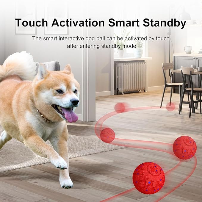 Interactive Dog Ball, Automatic Moving, Bouncing and Rotating, Silent Foam Material, IP54 Waterproof Rating, Smart Active Rolling, Stimulation Toys for Medium and to Keep Them Busy (Red)