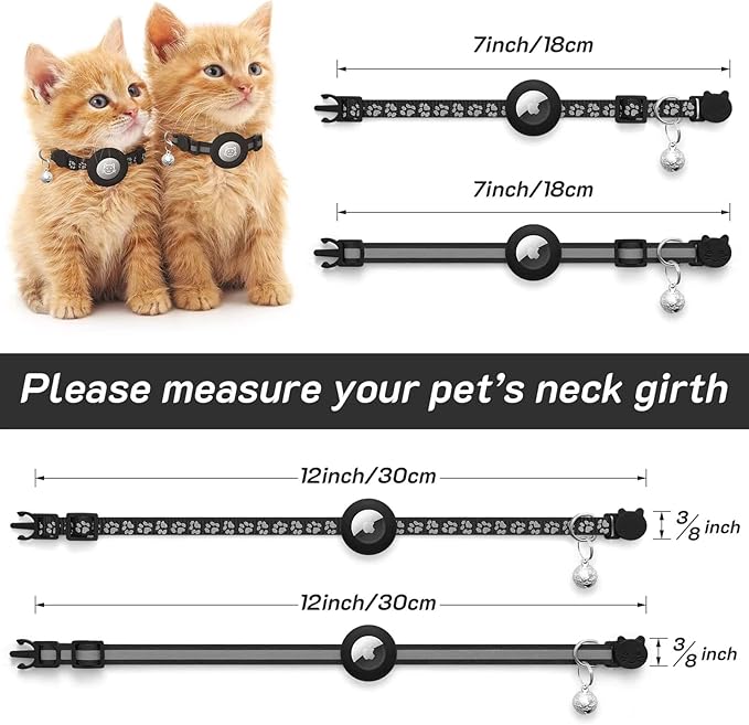 2 Pack Airtag Cat Collar Breakaway with Bell,Reflective Kitten Collar with Apple Airtag Cat Collar Holder,Adjustable 7-12In,Safety Buckle for Girl Boy Cats,Pet Supplies,Accessories,Gifts (Black)