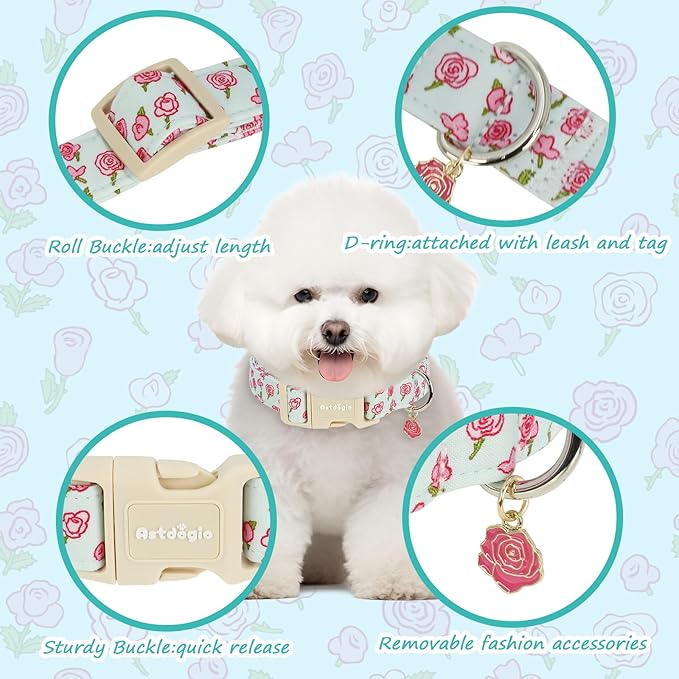 Dog Collar for Medium Dogs, Spring &Summer Theme Blue Medium Dog Collars with Pink Rose Pattern, Adjustable Puppy Dog Collars, Cute Girl or Boy Dog Collar Ideal for Gifts,Pet Accessory
