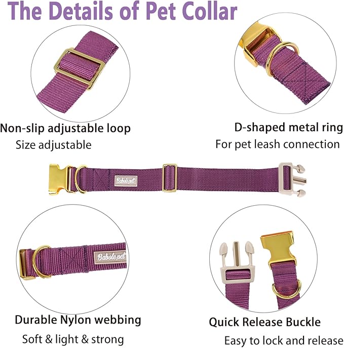 Nylon Dog Collar - Adjustable Deep Purple Soft Webbing Dog Collars for Small Medium Large Dogs Boy Girl Puppy Collar with Safety Metal Buckle L